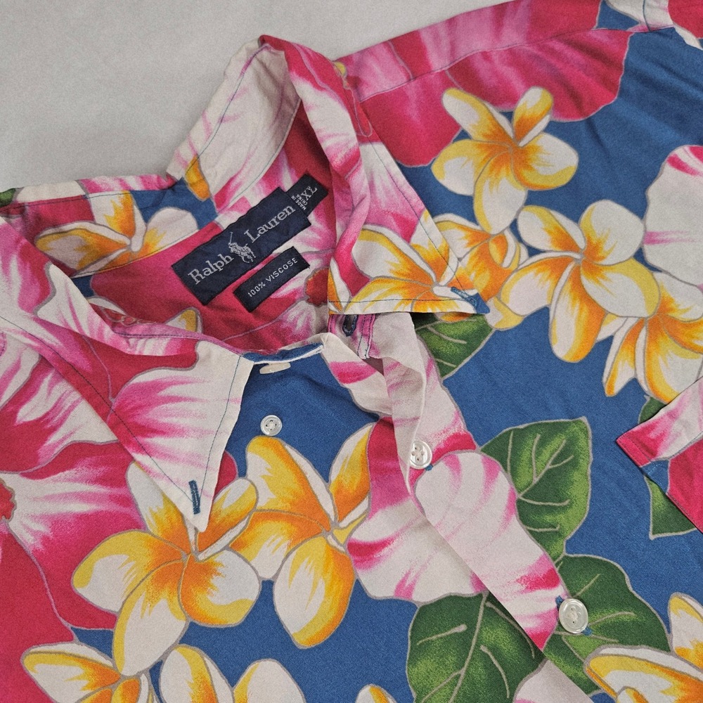 Vintage‎ Ralph Lauren Mens XL Tropical Floral Hibiscus Viscose Short Sleeve